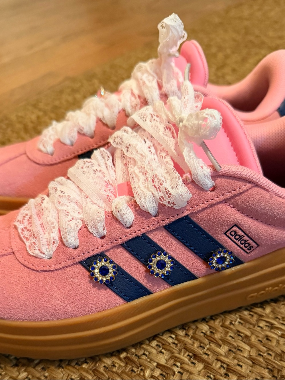 Adidas Pink Suede Platform Sneakers Navy Stripes Up-Cycled and Embellished Y5 - Picture 2 of 6